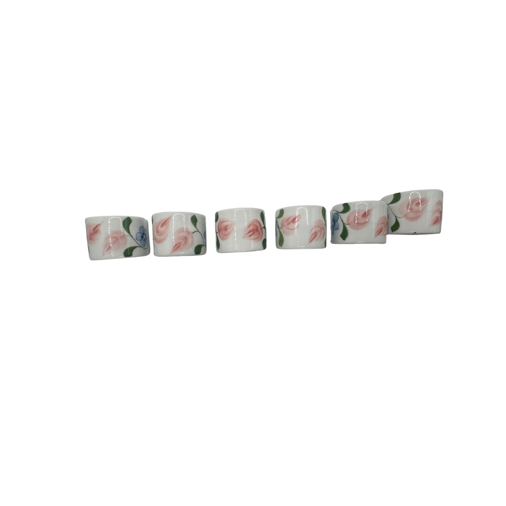 Vintage Floral Ceramic Napkin Rings Set of 6 Pink Blue Hand Painted